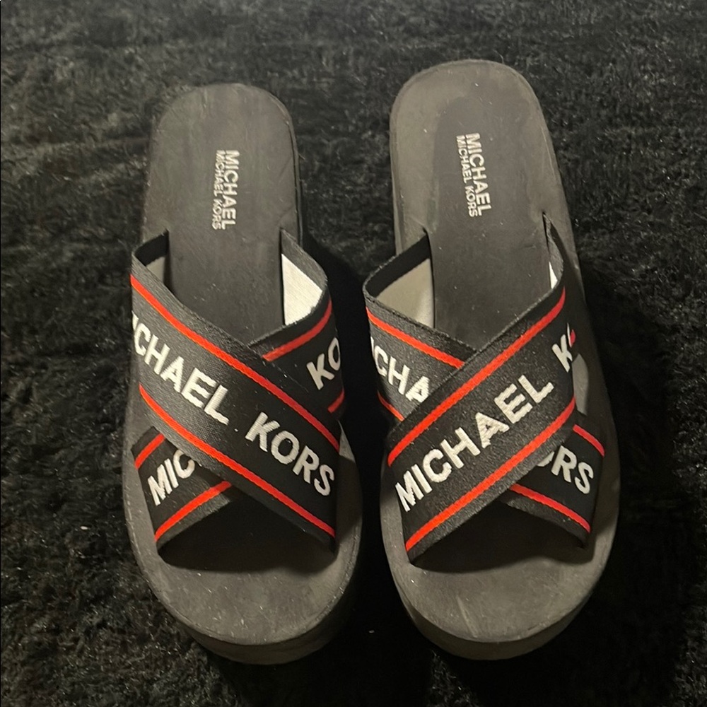 Michael Kors Black and Red Logo Slides